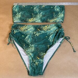 Green Gold Marble Bandeau Bikini Set High Waist Side Tie Swim Bottoms 1XL